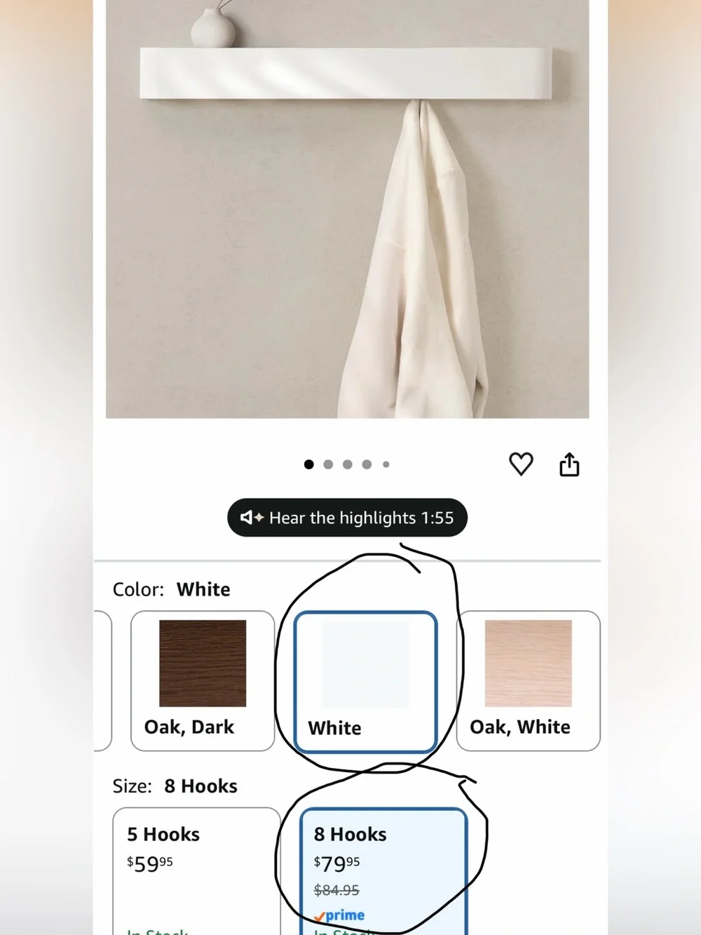 Modern White Wall Hook Shelf - 8 Hidden Hooks